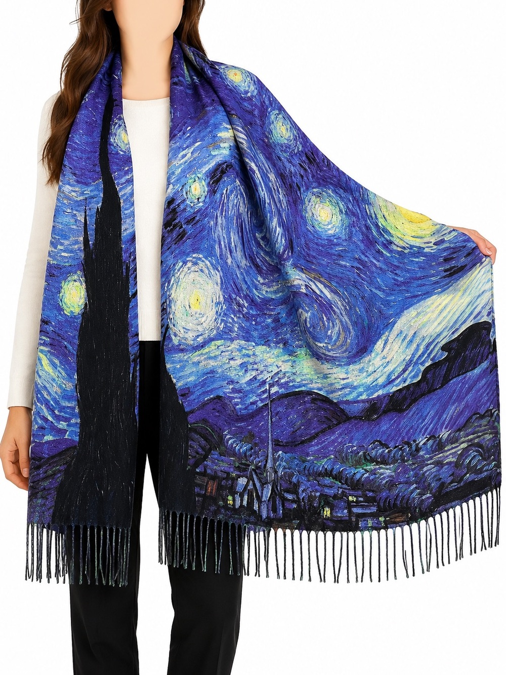 Magic Scarf Starry Night Art Print Oversized Fringe Wrap Scarf
